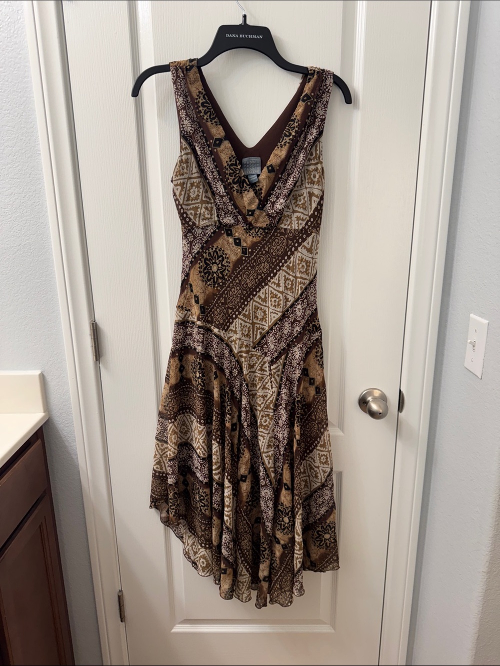 V-Neck Sleeveless Midi Dress in Brown and Cream Patchwork